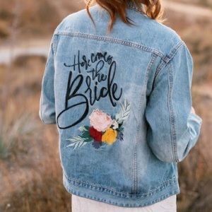 Embroidered Here Comes The Bride Floral Denim Jacket